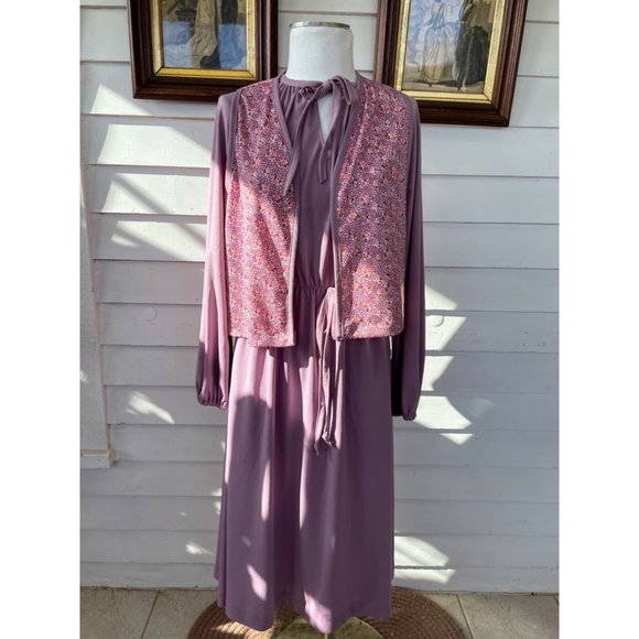 Vintage 1970s Sears Dress with Vest Mauve Poly knit Size 18 - Picture 1 of 16